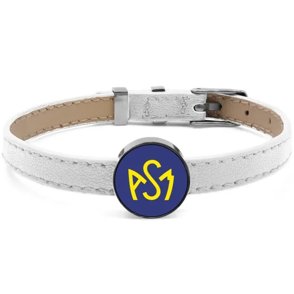 Bracelet ASM - acier cuir blanc - Logo  jaune fond bleu