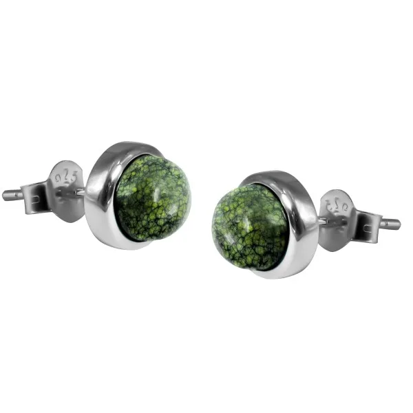 Boucles d'oreilles argent rhodié - 2g -  serpentine - cabochon - 6mm