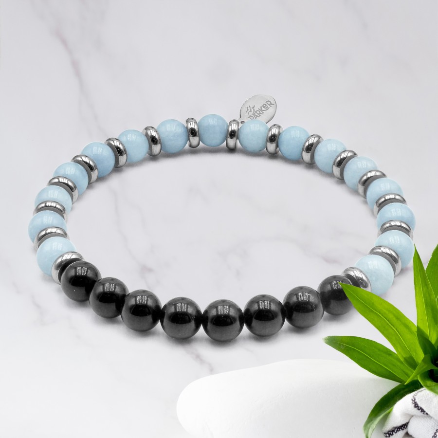 Bracelet lithothérapie « Peau Apaisée » - Aigue-marine - Tourmaline noire - 18-18,5cm