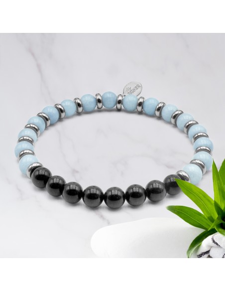 Bracelet lithothérapie « Peau Apaisée » - Aigue-marine - Tourmaline noire - 18-18,5cm