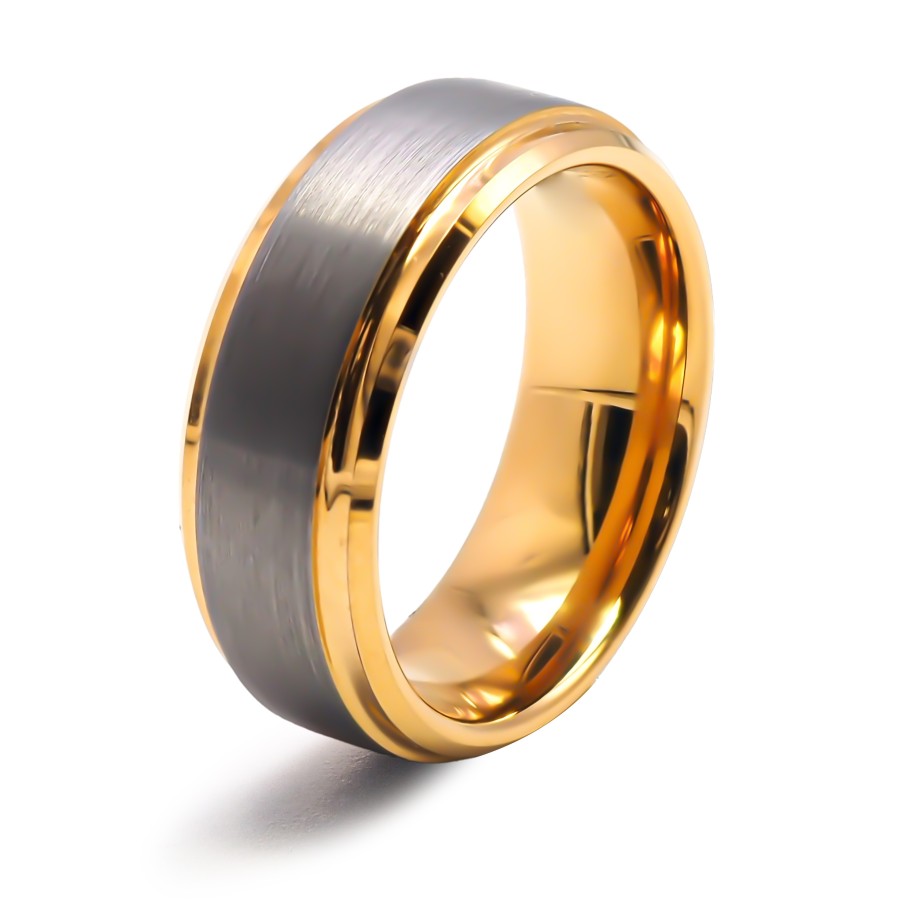 Bague tungstène - intérieur confort doré 14K - effet brossé - large...