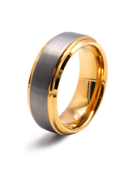 Bague tungstène - intérieur confort doré 14K - effet brossé - large...