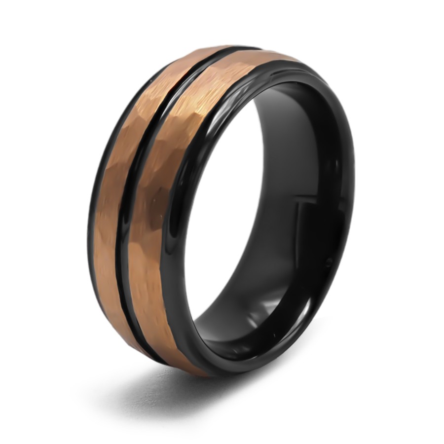 Bague tungstène - intérieur confort - 2 bandes facettées rosées de ...