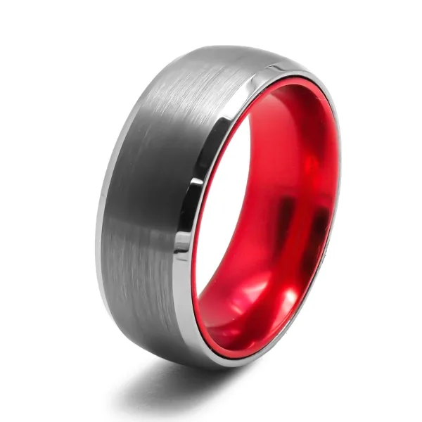 Bague tungstène - intérieur confort aluminium rouge - effet brossé ...