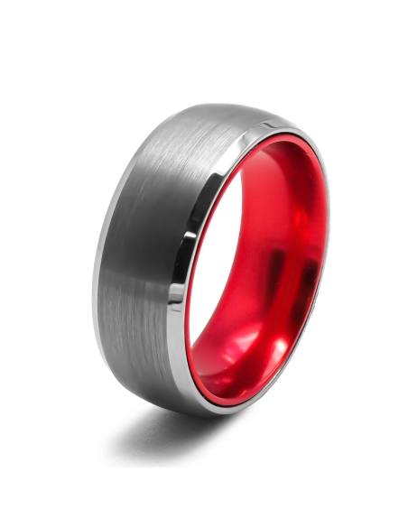 Bague tungstène - intérieur confort aluminium rouge - effet brossé ...
