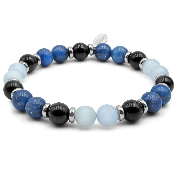 Bracelet lithothérapie "Gardien mental" - Lapis Lazuli - Tourmaline noire - calcédoine bleue - 20-20,5cm