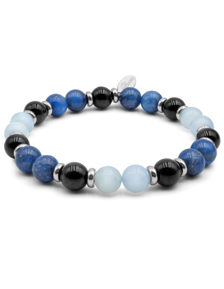 Bracelet lithothérapie "Gardien mental" - Lapis Lazuli - Tourmaline noire - calcédoine bleue - 20-20,5cm