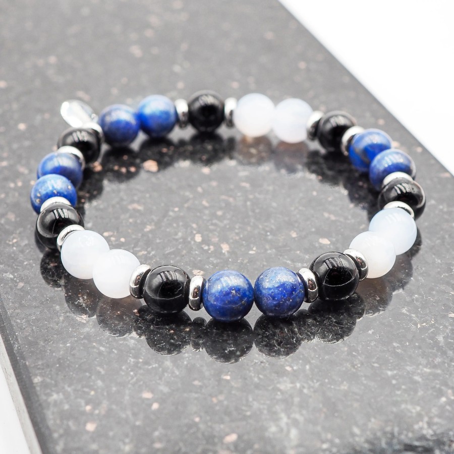 Bracelet lithothérapie "Gardien mental" - Lapis Lazuli - Tourmaline noire - calcédoine bleue - 20-20,5cm