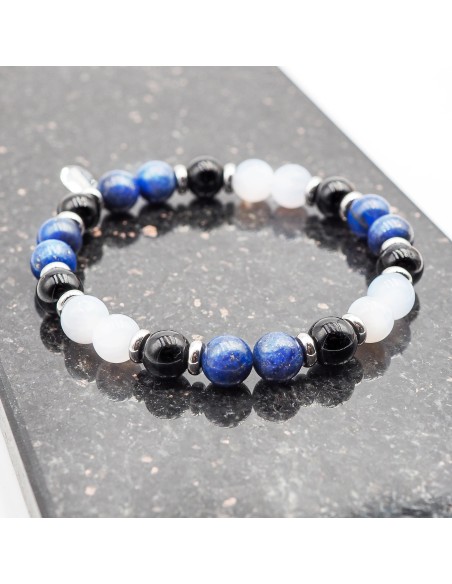 Bracelet lithothérapie "Gardien mental" - Lapis Lazuli - Tourmaline noire - calcédoine bleue - 20-20,5cm