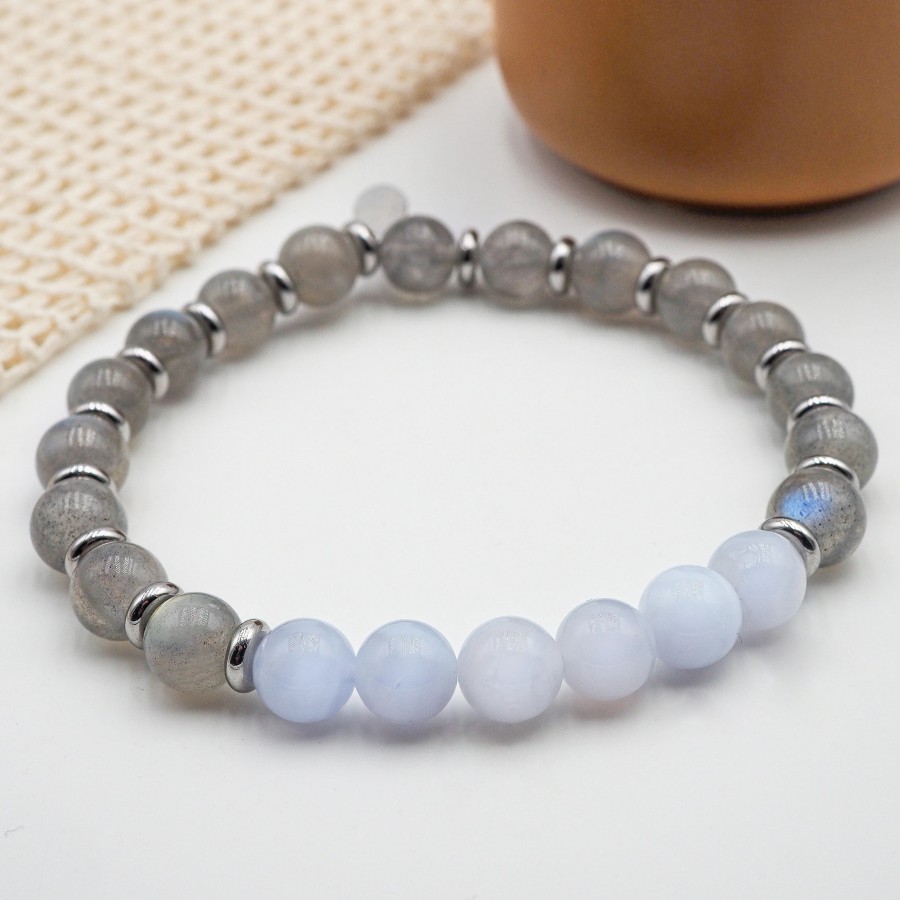 Bracelet lithothérapie "Paix Intérieure" - Labradorite - calcédoine bleue - 20-20,5cm