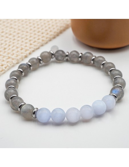 Bracelet lithothérapie "Paix Intérieure" - Labradorite - calcédoine bleue - 20-20,5cm
