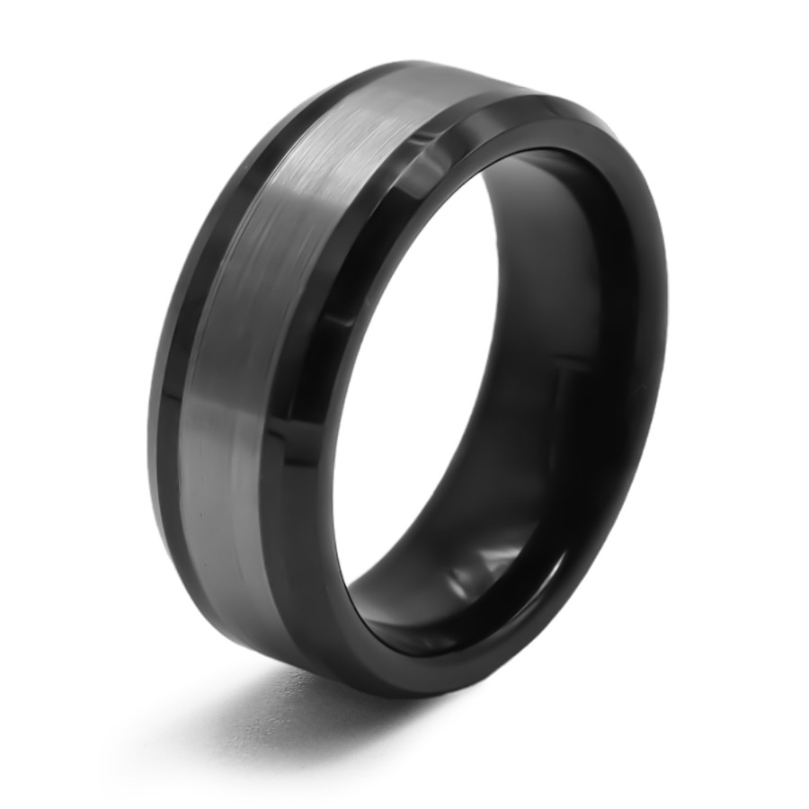 Bague tungstène - intérieur confort noir - 2 tons - noirs et blancs...