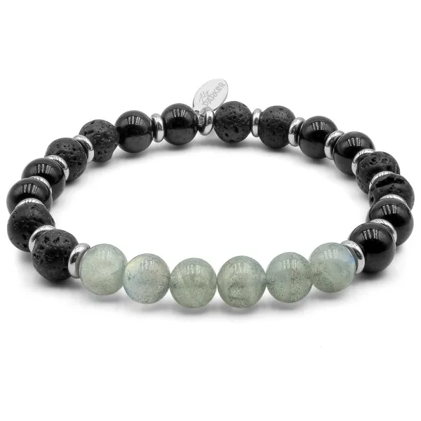 Bracelet lithothérapie "Forge d'Ébène" - Labradorite - Tourmaline noire - Pierre de lave - 20-20,5cm