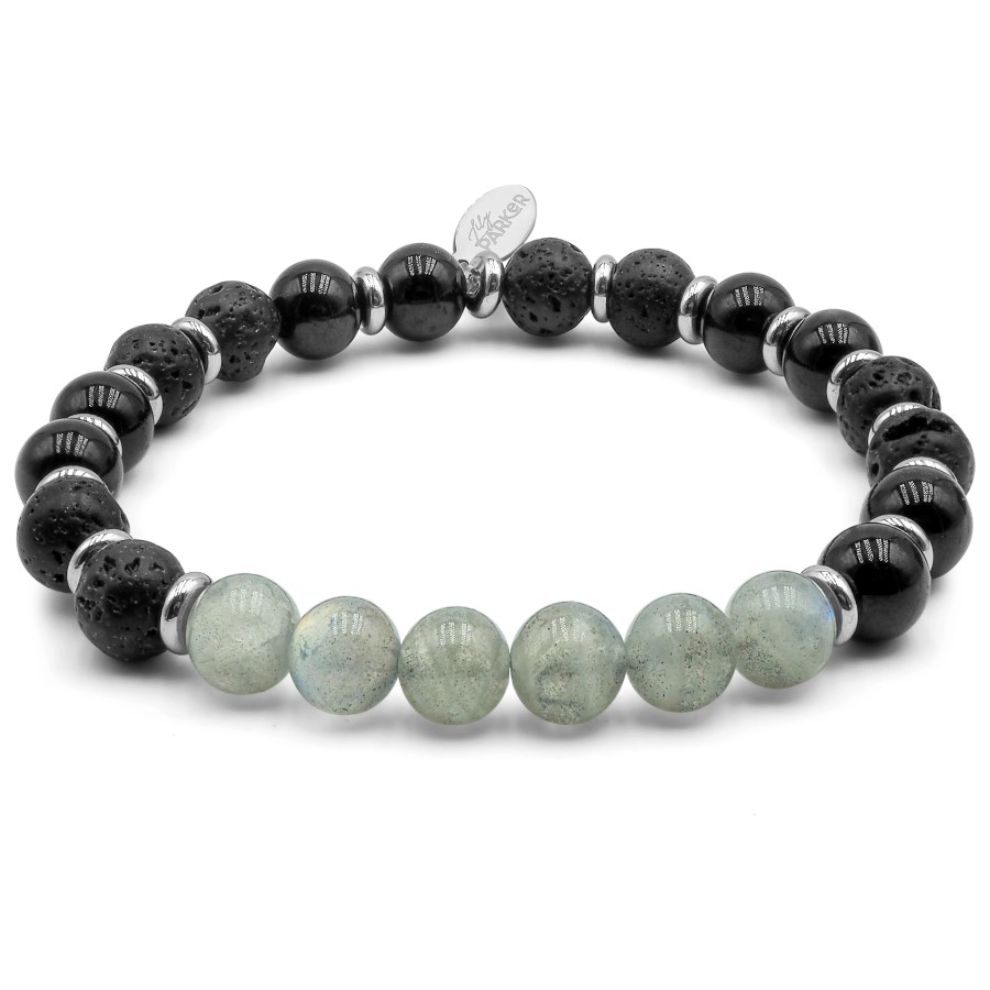 Bracelet lithothérapie "Forge d'Ébène" - Labradorite - Tourmaline noire - Pierre de lave - 20-20,5cm