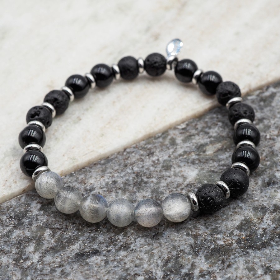 Bracelet lithothérapie "Forge d'Ébène" - Labradorite - Tourmaline noire - Pierre de lave - 20-20,5cm