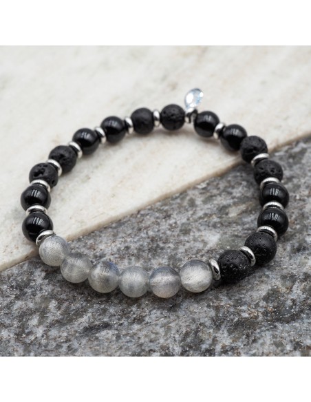 Bracelet lithothérapie "Forge d'Ébène" - Labradorite - Tourmaline noire - Pierre de lave - 20-20,5cm