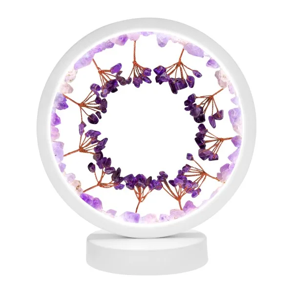 Lampe pierres naturelles Angelight - support blanc - Améthyste - arbre de vie - diamètre 18cm