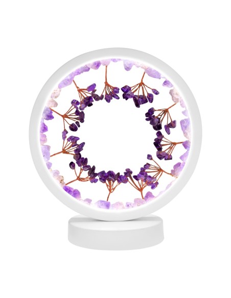 Lampe pierres naturelles Angelight - support blanc - Améthyste - arbre de vie - diamètre 18cm