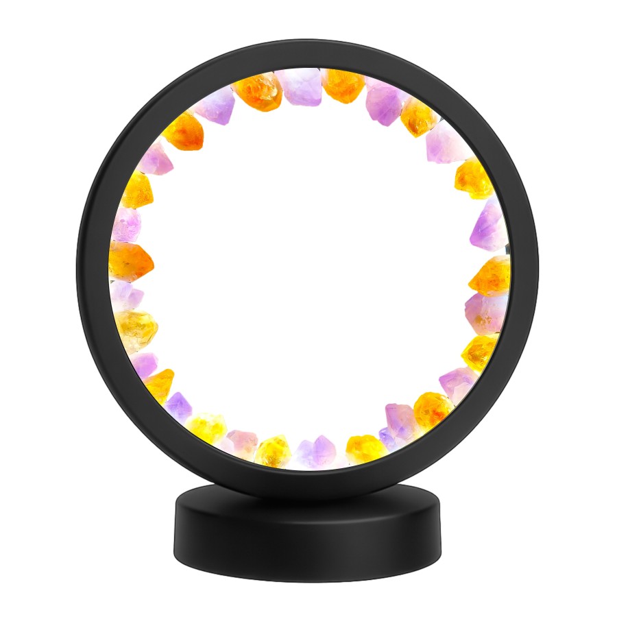 Lampe pierres naturelles Angelight - support noir - Améthyste brésilienne & citrine - diamètre 18cm
