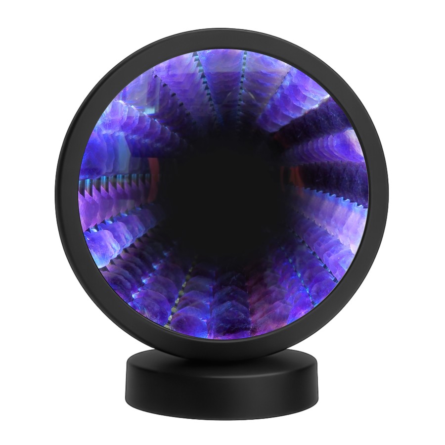 Lampe pierres naturelles Angelight - support noir - Améthyste - miroir plexiglass - diamètre 18cm