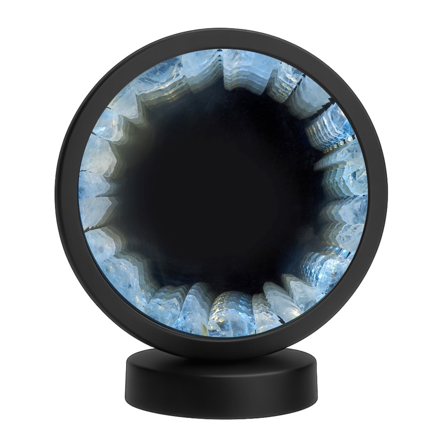 Lampe pierres naturelles Angelight - support noir - Cristal de roche - miroir plexiglass - diamètre 18cm