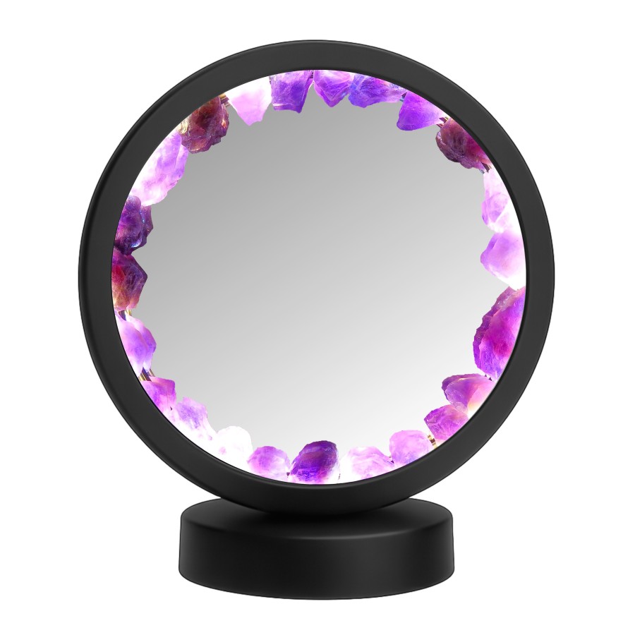 Lampe pierres naturelles Angelight - support noir - Améthyste - miroir plexiglass - diamètre 18cm