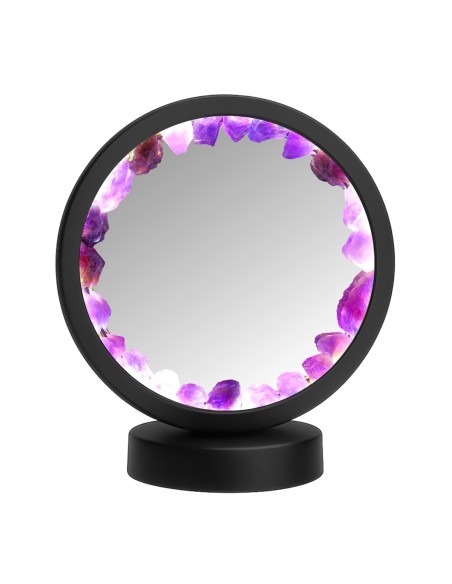 Lampe pierres naturelles Angelight - support noir - Améthyste - miroir plexiglass - diamètre 18cm