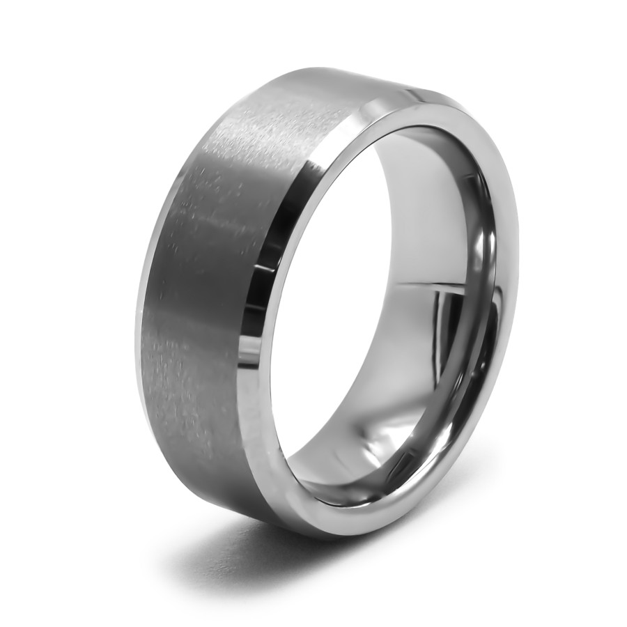 Bague tungstène - effet brossé - bord biseauté - largeur 8mm - Toltek