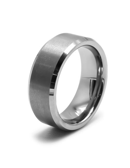 Bague tungstène - effet brossé - bord biseauté - largeur 8mm - Toltek