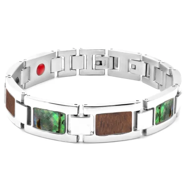 Bracelet magnétique en acier - bois & nacre abalone inscrustés - largeur 12mm - 21cm