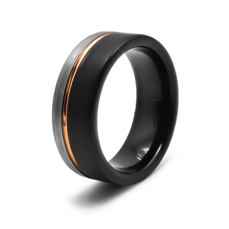 Bague tungstène - 2 tons acier et noir - rainure rosée - largeur 8m...