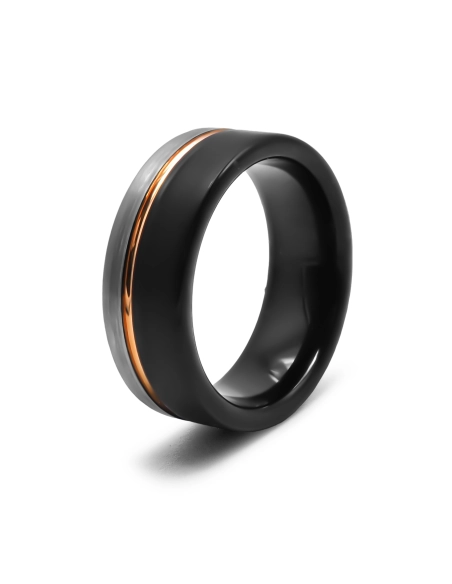 Bague tungstène - 2 tons acier et noir - rainure rosée - largeur 8m...