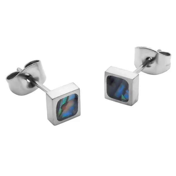 Boucles d'oreille acier carré - nacre abalone incrustée - 5x5mm - épaisseur 3mm