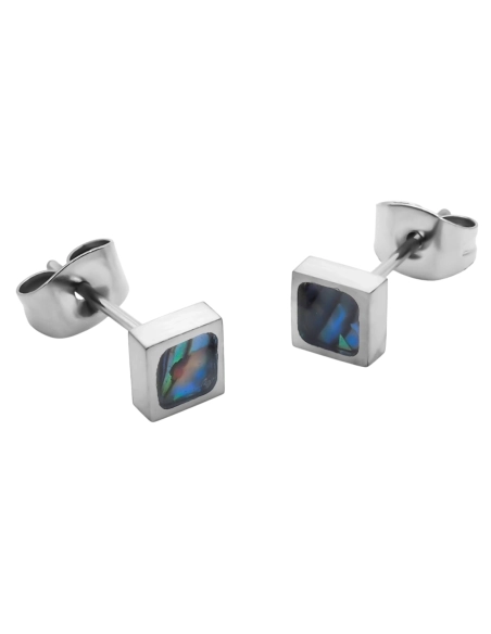 Boucles d'oreille acier carré - nacre abalone incrustée - 5x5mm - épaisseur 3mm