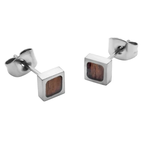 Boucles d'oreille acier carré - bois incrustré - 5x5mm - épaisseur 3mm