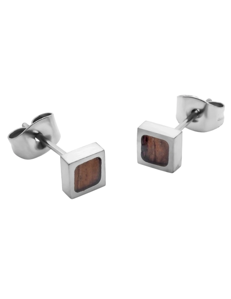 Boucles d'oreille acier carré - bois incrustré - 5x5mm - épaisseur 3mm