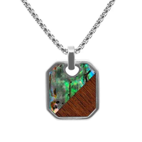 Collier en acier - bois & nacre abalone incrustés - pendant 23x20mm - 45+10cm