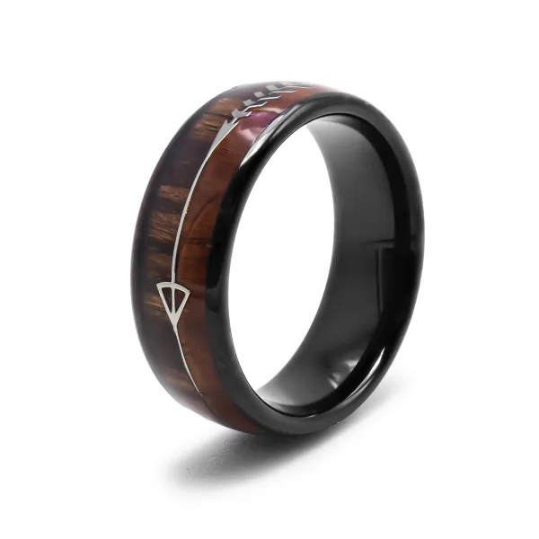 Bague tungstène - PVD noir - bois 2 tons - largeur 8mm Koa + Ebony ...
