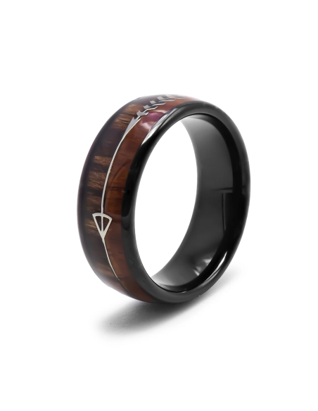 Bague tungstène - PVD noir - bois 2 tons - largeur 8mm Koa + Ebony ...