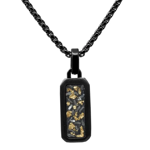 Collier en acier - PVD noir - imitation feuilles d'or inscrustées - pendant 19x10mm - 45+10cm