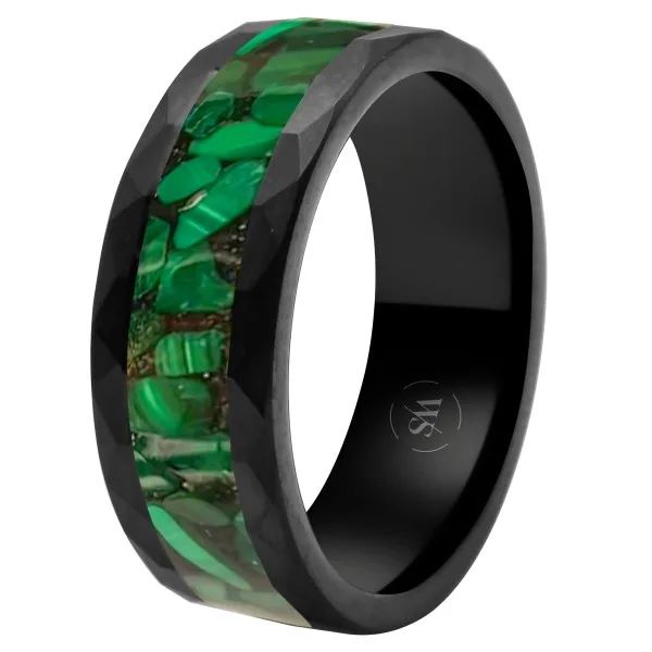 Bague en tungstène - PVD noir - malachite inscrustée - largeur 8mm - Taille 58 à 68