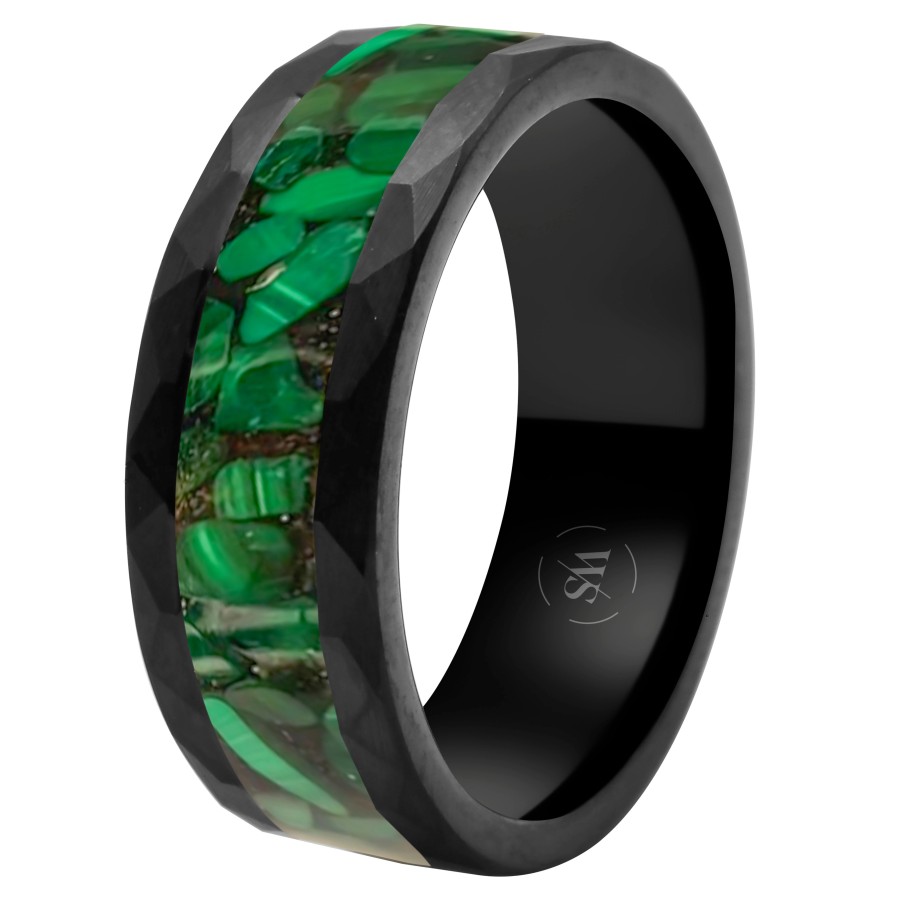 Bague en tungstène - PVD noir - malachite inscrustée - largeur 8mm - Taille 58 à 68