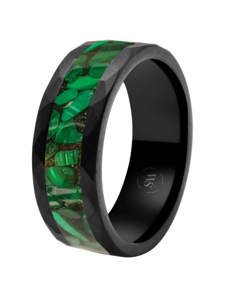 Bague en tungstène - PVD noir - malachite inscrustée - largeur 8mm - Taille 58 à 68