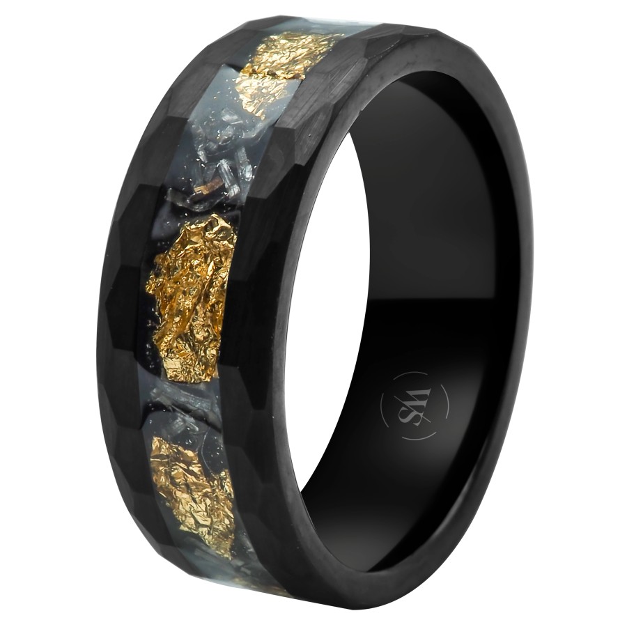 Bague en tungstène - PVD noir - imitation feuilles d'or inscrustées - largeur 8mm - Taille 58 à 68