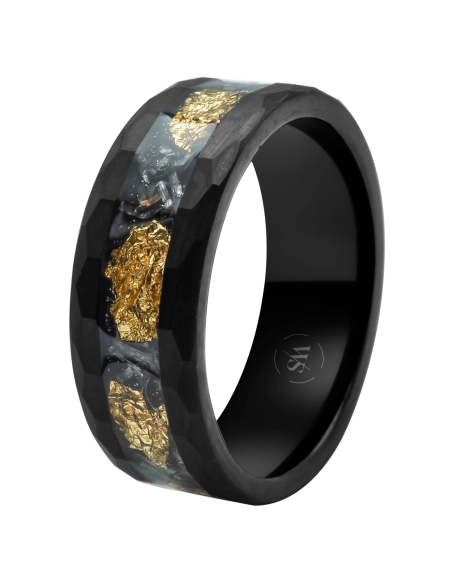 Bague en tungstène - PVD noir - imitation feuilles d'or inscrustées - largeur 8mm - Taille 58 à 68