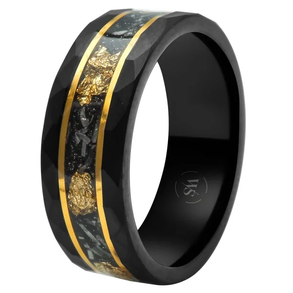 Bague en tungstène - PVD noir et doré - imitation feuilles d'or inscrustées - largeur 8mm - Taille 58 à 68