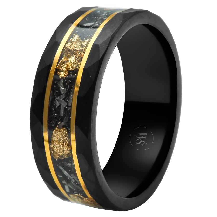 Bague en tungstène - PVD noir et doré - imitation feuilles d'or inscrustées - largeur 8mm - Taille 58 à 68
