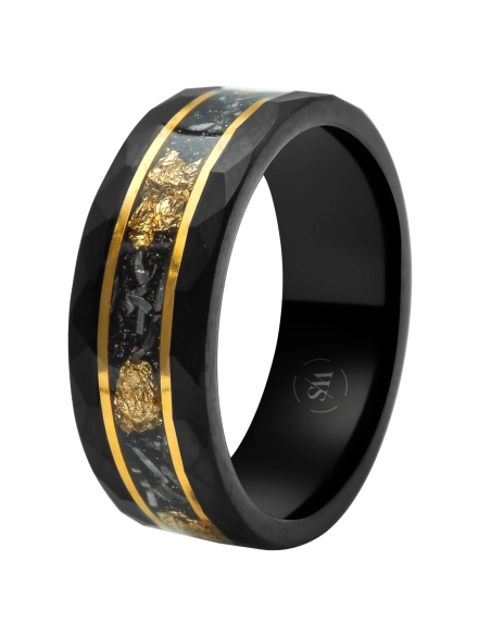 Bague en tungstène - PVD noir et doré - imitation feuilles d'or inscrustées - largeur 8mm - Taille 58 à 68
