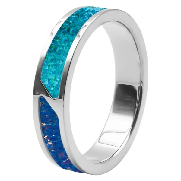 Bague acier PVD doré - imitation opale bleue pacifique et nuit étoilée - largeur 5mm - Taille 50 à 60