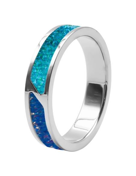 Bague acier PVD doré - imitation opale bleue pacifique et nuit étoilée - largeur 5mm - Taille 50 à 60